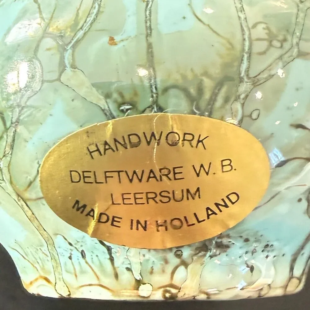 Vintage NWT Delft Holland Brass Neck Hand painted Sky Blue Ceramic Bud Vase 8.5